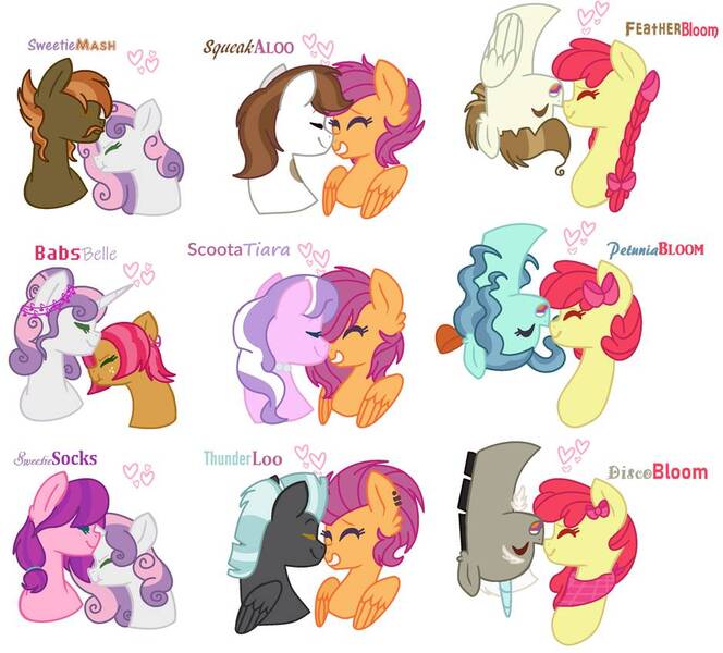 Size: 940x850 | Tagged: safe, artist:1313jaysong1313, derpibooru import, apple bloom, babs seed, button mash, diamond tiara, discord, featherweight, lily longsocks, petunia paleo, pipsqueak, scootaloo, sweetie belle, thunderlane, pony, babsbelle, crack shipping, featherbloom, female, lesbian, male, mare, older, scootalane, scootiara, shipping, stallion, straight, sweetiemash