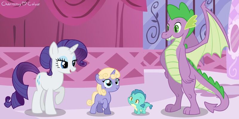 Size: 1024x512 | Tagged: safe, artist:charmmycolour, derpibooru import, rarity, spike, oc, oc:crystal song, oc:jewel, dracony, dragon, hybrid, unicorn, adopted offspring, baby, baby dragon, beauty mark, blank flank, family, female, filly, hair bun, interspecies offspring, male, offspring, older, older spike, parent:rarity, parent:spike, parents:sparity, shipping, sparity, straight