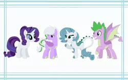 Size: 1024x640 | Tagged: safe, artist:michellminor, derpibooru import, rarity, spike, oc, oc:emerald, oc:skylash, dracony, dragon, hybrid, pony, base used, family, female, interspecies offspring, male, missing cutie mark, offspring, older, older spike, parent:rarity, parent:spike, parents:sparity, shipping, sparity, straight