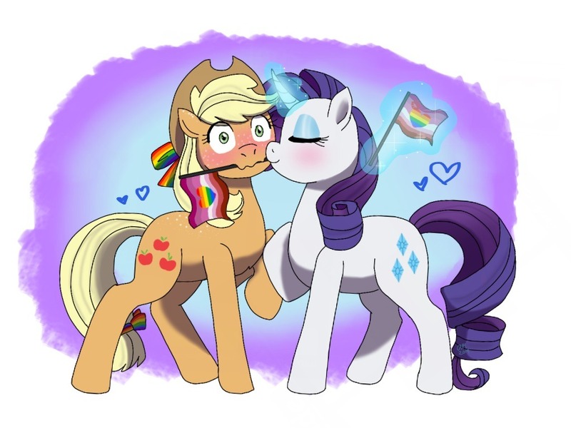 Size: 1024x768 | Tagged: safe, artist:fallenangel5414, derpibooru import, applejack, rarity, pony, blushing, cute, female, heart, lesbian, lesbian pride flag, lgbt, love, pride, pride flag, rarijack, shipping, smooch