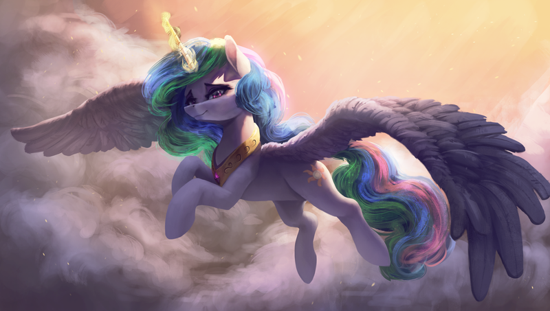 Size: 3000x1700 | Tagged: safe, alternate version, artist:vanillaghosties, derpibooru import, princess celestia, alicorn, pony, crown, female, flying, glowing horn, hooves, horn, jewelry, mare, regalia, solo