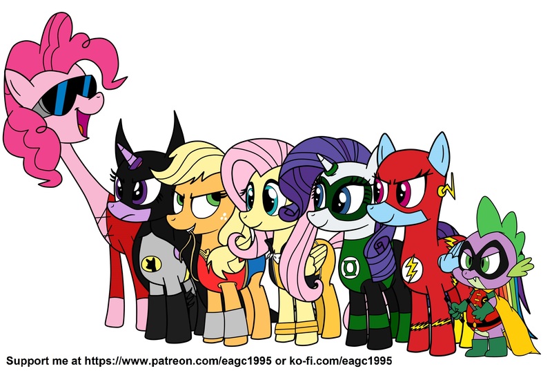 Size: 2084x1400 | Tagged: safe, artist:eagc7, derpibooru import, applejack, fluttershy, pinkie pie, rainbow dash, rarity, spike, twilight sparkle, twilight sparkle (alicorn), alicorn, dragon, earth pony, pegasus, pony, unicorn, batman, cape, clothes, commission, costume, crossover, dc comics, female, green lantern, jewelry, justice league, lasso, male, mane seven, mane six, mare, plastic man, ring, robin, rope, simple background, superhero, the flash, vixen, wonder woman