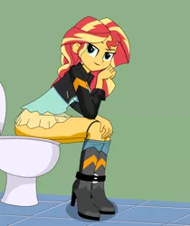 Size: 2100x2500 | Tagged: suggestive, alternate version, artist:applecobbler193106, artist:microscribbles, derpibooru import, edit, sunset shimmer, human, equestria girls, breasts, but why, clothes, female, panties, panties around legs, panties pulled down, smiling, solo, solo female, toilet, trace, underwear