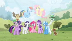 Size: 1920x1080 | Tagged: safe, artist:brutalweather studio, derpibooru import, angel bunny, fluttershy, gummy, owlowiscious, pinkie pie, rainbow dash, rarity, spike, starlight glimmer, tank, trixie, twilight sparkle, twilight sparkle (alicorn), winona, alicorn, alligator, cat, dog, earth pony, pegasus, pony, rabbit, unicorn, ponyville's incident, animal, female, male, pet six