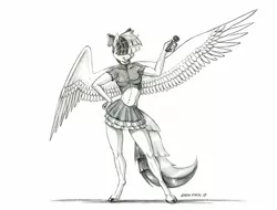 Size: 1400x1064 | Tagged: anthro, artist:baron engel, bow, clothes, derpibooru import, female, grayscale, hair bow, hair over eyes, legs, mare, microphone, midriff, miniskirt, monochrome, my little pony: the movie, pegasus, pencil drawing, safe, simple background, sketch, skirt, solo, songbird serenade, traditional art, unguligrade anthro, white background