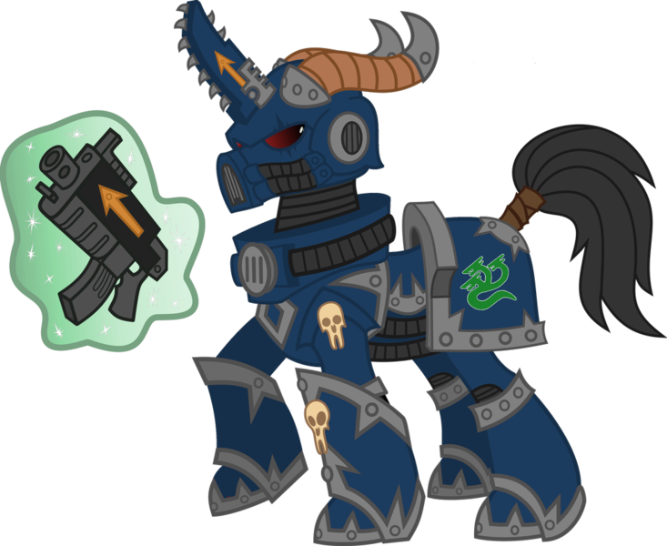 Size: 1024x838 | Tagged: safe, artist:connorissteel, artist:professor-sponge, derpibooru import, edit, pony, alpha legion, armor, bolter, chainsword, chainsword horn, chaos space marine, gun, horns, magic, magic aura, power armor, powered exoskeleton, recolor, simple background, solo, space marine, tail wrap, telekinesis, transparent background, warhammer (game), warhammer 40k, weapon