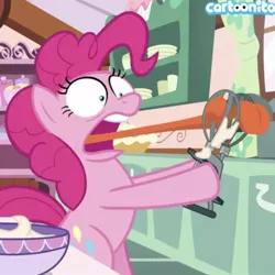 Size: 620x620 | Tagged: safe, derpibooru import, edit, screencap, pinkie pie, between dark and dawn, batter, bowl, bug eyes, cartoonito logo, cropped, egg beater, food, sugarcube corner, tongue out, watermark