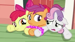 Size: 1920x1080 | Tagged: safe, derpibooru import, screencap, apple bloom, scootaloo, sweetie belle, earth pony, pegasus, pony, unicorn, the last crusade, cutie mark crusaders, female, filly, laying on stomach, prone, stuck together, tied up