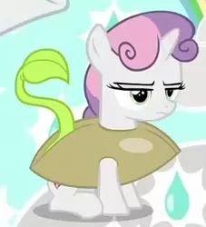 Size: 375x413 | Tagged: safe, derpibooru import, screencap, sweetie belle, pony, forever filly, annoyed, clothes, cosplay, costume, cropped, cute, seedie belle, seeds, solo focus