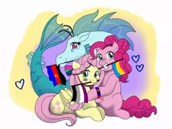 Size: 1024x768 | Tagged: safe, artist:fallenangel5414, derpibooru import, fluttershy, pinkie pie, sonata dusk, earth pony, pegasus, pony, siren, abstract background, alternate hairstyle, asexual, asexual pride flag, bracelet, braid, face paint, female, flutterpie, heart, interspecies, jewelry, lesbian, looking at you, mare, mouth hold, pansexual, pansexual pride flag, pinata (ship), polyamory, polyamory pride flag, polysexual, pride, pride flag, shipping, smiling, sonashy