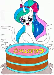 Size: 2475x3485 | Tagged: alicorn, artist:killerteddybear94, cake, cakelestia, celestia day, cute, cutelestia, daaaaaaaaaaaw, derpibooru import, female, food, looking at you, mare, open mouth, plate, ponytail, princess celestia, safe, smiling, spread wings, traditional art, wings