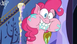 Size: 1182x676 | Tagged: safe, artist:chrissie-boo, derpibooru import, pinkie pie, pony, every little thing she does, bust, faic, female, mare, messy eating, portrait, puffy cheeks, scene interpretation, solo, teeth