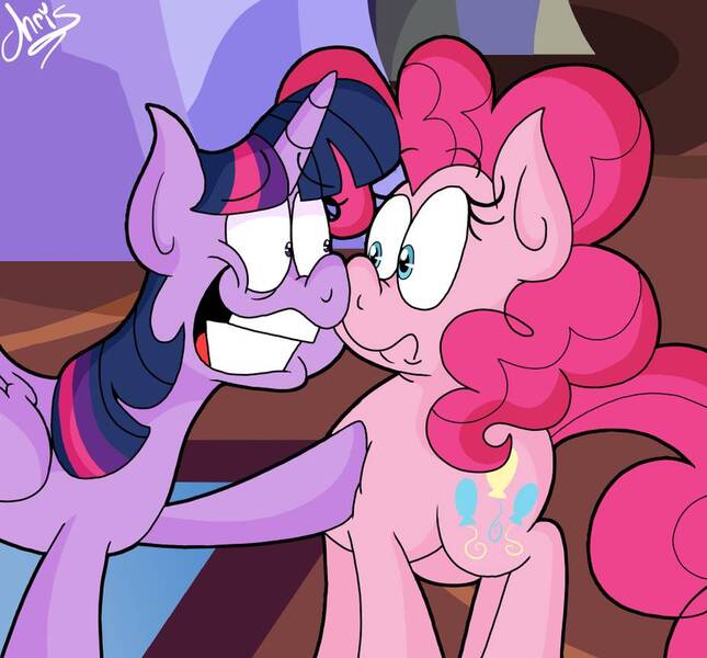 Size: 927x862 | Tagged: safe, artist:chrissie-boo, derpibooru import, pinkie pie, twilight sparkle, twilight sparkle (alicorn), alicorn, earth pony, pony, party pooped, crazy face, duo, eyebrows visible through hair, faic, female, frown, looking at each other, mare, scene interpretation, twilighting