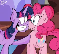 Size: 927x862 | Tagged: safe, artist:chrissie-boo, derpibooru import, pinkie pie, twilight sparkle, twilight sparkle (alicorn), alicorn, earth pony, pony, party pooped, crazy face, duo, eyebrows visible through hair, faic, female, frown, looking at each other, mare, scene interpretation, twilighting