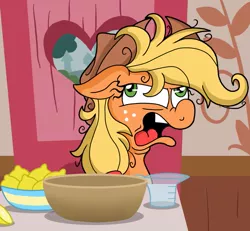 Size: 929x860 | Tagged: safe, artist:chrissie-boo, derpibooru import, applejack, pony, applebuck season, bowl, bust, derp, faic, female, floppy ears, food, lemon, mare, messy hair, scene interpretation, solo, sugarcube corner