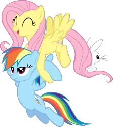 Size: 5129x5762 | Tagged: safe, artist:scrimpeh, derpibooru import, angel bunny, fluttershy, rainbow dash, pegasus, pony, may the best pet win, absurd resolution, carrying, cute, female, flying, holding a pony, rabbits riding ponies, smiling, unamused