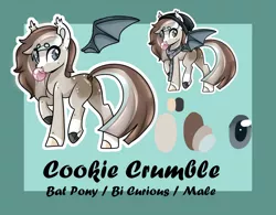 Size: 1440x1124 | Tagged: safe, artist:pastel-pony-princess, derpibooru import, oc, oc:cookie crumble, unofficial characters only, bat pony, changeling, pony, abstract background, bat pony oc, bat wings, bubblegum, butt, changeling oc, clothes, coat markings, colored hooves, dock, ear fluff, food, gum, male, plot, raised hoof, raised leg, reference sheet, scarf, solo, stallion, underhoof, wings