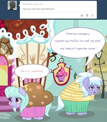 Size: 750x856 | Tagged: safe, artist:marikaefer, derpibooru import, cloudchaser, flitter, pony, ask flitter and cloudchaser, cupcake costume, embarrassed, sugarcube corner