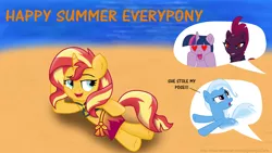 Size: 3840x2160 | Tagged: safe, artist:ejlightning007arts, artist:sinkbon, derpibooru import, fizzlepop berrytwist, sunset shimmer, tempest shadow, trixie, twilight sparkle, pony, unicorn, beach, bikini, bikini top, broken horn, clothes, draw me like one of your french girls, equestria girls outfit, female, heart, heart eyes, horn, implied lesbian, implied shipping, implied tempestlight, lesbian, mare, polyamory, sarong, shipping, speech bubble, sunsetsparkle, swimsuit, tempestlightshimmer, tempestshimmer, wingding eyes