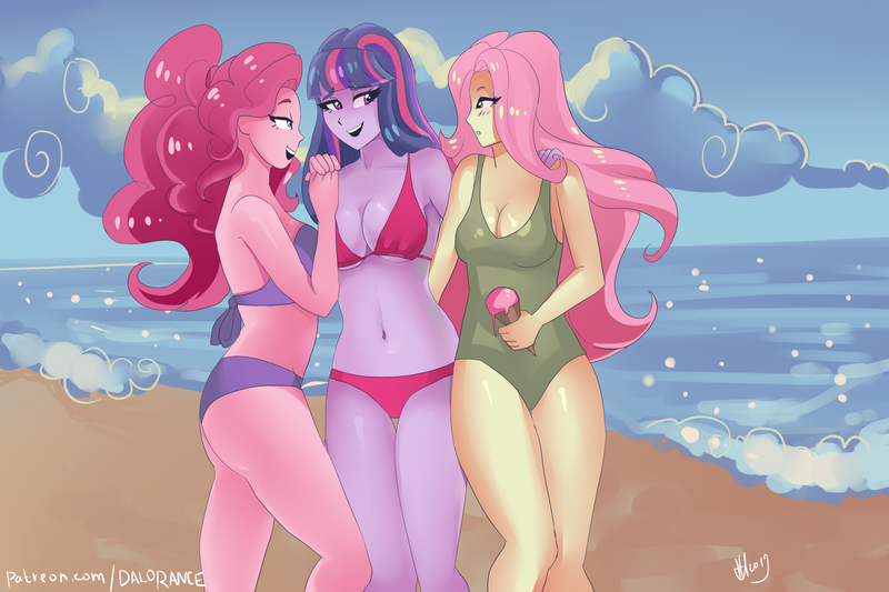 Size: 3000x2000 | Tagged: safe, artist:xjenn9, derpibooru import, fluttershy, pinkie pie, twilight sparkle, bat pony, equestria girls, absolute cleavage, beach, belly button, bikini, breasts, busty fluttershy, busty pinkie pie, busty twilight sparkle, cleavage, clothes, female, flutterbat, food, ice cream, ocean, one-piece swimsuit, race swap, smiling, swimsuit