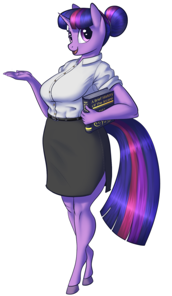 Size: 1182x2026 | Tagged: safe, artist:joenobody, derpibooru import, twilight sparkle, anthro, unguligrade anthro, unicorn, alternate hairstyle, belt, big breasts, book, breasts, bun, busty twilight sparkle, clothes, female, hair bun, mare, open mouth, shirt, side slit, simple background, skirt, smiling, solo, transparent background, unicorn twilight