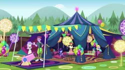 Size: 1280x720 | Tagged: safe, derpibooru import, screencap, duke suave, hunter hedge, laurel jade, sandy cerise, snow flower, space camp (character), equestria girls, equestria girls series, festival filters, spoiler:eqg series (season 2), background human, balloon, female, male, party cannon
