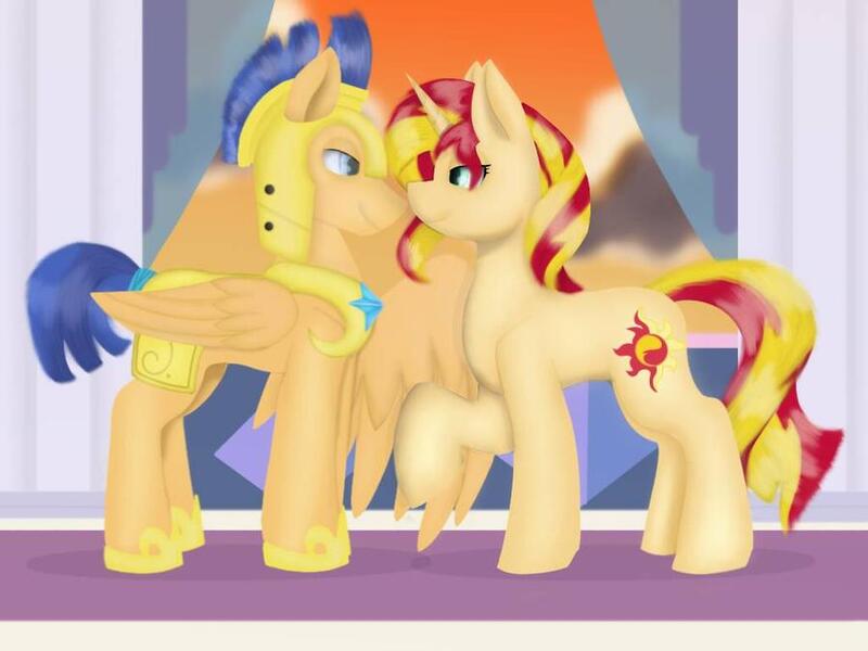 Size: 900x675 | Tagged: safe, artist:greenfire-exe, derpibooru import, flash sentry, sunset shimmer, pony, female, flashimmer, male, shipping, straight
