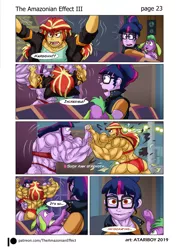 Size: 1697x2367 | Tagged: safe, artist:atariboy2600, artist:bluecarnationstudios, derpibooru import, sci-twi, spike, spike the regular dog, sunset shimmer, twilight sparkle, dog, comic:the amazonian effect, comic:the amazonian effect iii, equestria girls, abs, angry, ass, bra, bunset shimmer, butt, clothes, comic, growth, muscle expansion, muscle growth, muscles, orange underwear, overdeveloped muscles, panties, purple underwear, red eyes, sports, sunset lifter, sunset's apartment, torn clothes, twilight muscle, underwear, wrestling