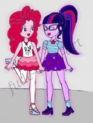 Size: 1500x2000 | Tagged: safe, artist:fude-chan-art, derpibooru import, pinkie pie, sci-twi, twilight sparkle, equestria girls, equestria girls series, bowtie, clothes, duo, eyes closed, female, geode of sugar bombs, glasses, holding hands, lesbian, magical geodes, open mouth, pantyhose, ponytail, scitwinkie, shipping, shirt, shoes, skirt, socks, tanktop, twinkie