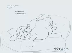 Size: 2057x1506 | Tagged: safe, artist:comfyplum, derpibooru import, oc, oc:sleepy treat, earth pony, pony, bed, chubby, chubby cheeks, dialogue, face down ass up, fat, female, large belly, large butt, looking at you, mare, partial color, prone, sketch, smiling, solo, sploot, the ass was fat, thighs, thunder thighs, wip