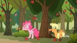 Size: 1811x1019 | Tagged: safe, derpibooru import, screencap, applejack, pinkie pie, earth pony, pony, between dark and dawn, apple, apple tree, discovery family logo, duo, female, food, great moments in animation, mare, motion blur, outdoors, smear frame, throwing, tree