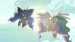 Size: 1811x1019 | Tagged: safe, derpibooru import, screencap, princess celestia, princess luna, alicorn, pony, between dark and dawn, backlighting, cloud, crown, discovery family logo, ethereal mane, female, flying, hoof shoes, jewelry, mare, peytral, regalia, royal sisters, sky, spread wings, starry mane, wings
