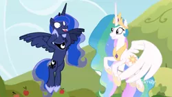 Size: 1811x1019 | Tagged: safe, derpibooru import, screencap, princess celestia, princess luna, alicorn, pony, between dark and dawn, apple, apple tree, crown, discovery family logo, ethereal mane, female, flying, food, hoof shoes, jewelry, mare, outdoors, peytral, regalia, royal sisters, siblings, sisters, so awesome, spread wings, starry mane, tree, wings