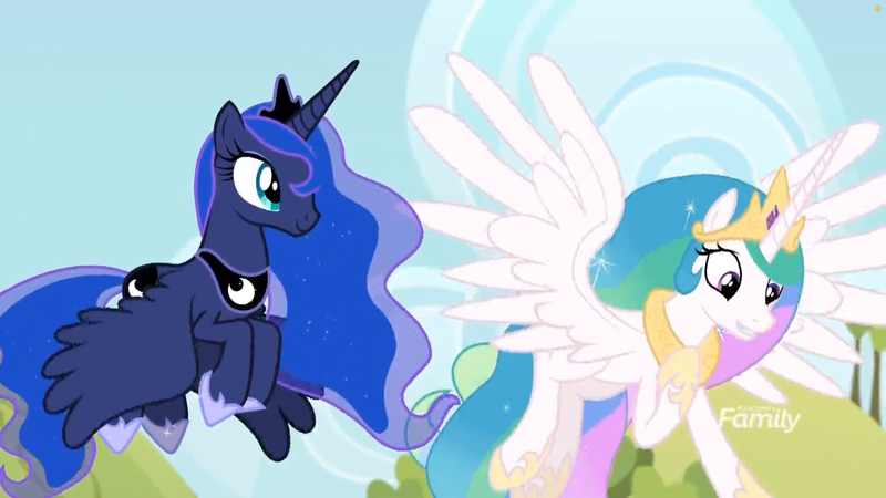 Size: 1811x1019 | Tagged: safe, derpibooru import, screencap, princess celestia, princess luna, alicorn, pony, between dark and dawn, cloud, crown, cute, cutelestia, discovery family logo, duo, ethereal mane, female, hoof shoes, jewelry, lunabetes, mare, outdoors, peytral, regalia, royal sisters, siblings, sisters, sky, spread wings, starry mane, wings