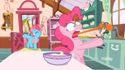 Size: 1811x1019 | Tagged: safe, derpibooru import, screencap, cup cake, pinkie pie, earth pony, pony, between dark and dawn, baking, cup, cupboard, discovery family logo, door, egg beater, kitchen, pinkie being pinkie, plate, ponyville, sink, stuck, sugarcube corner, table, tongue out, window