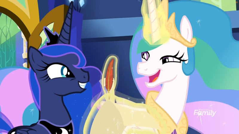 Size: 1811x1019 | Tagged: safe, derpibooru import, screencap, princess celestia, princess luna, alicorn, pony, between dark and dawn, discovery family logo, faic, happy, smiling, twilight's castle