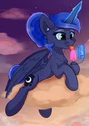 Size: 1200x1700 | Tagged: safe, artist:shadowreindeer, derpibooru import, princess luna, alicorn, pony, alternate hairstyle, cloud, cute, earbuds, female, food, glowing horn, horn, licking, lunabetes, magic, mare, mp3 player, on a cloud, popsicle, sitting, sitting on cloud, sky, solo, telekinesis, tongue out