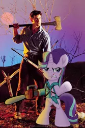 Size: 500x750 | Tagged: safe, artist:ejlightning007arts, derpibooru import, starlight glimmer, human, pony, unicorn, ash williams, axe, bipedal, chainsaw, clothes, crossover, evil dead, gun, torn clothes, weapon