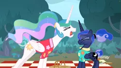 Size: 1811x1019 | Tagged: safe, derpibooru import, screencap, princess celestia, princess luna, alicorn, pony, between dark and dawn, angry, basket, clothes, discovery family logo, hawaiian shirt, outdoors, picnic, picnic basket, picnic blanket, ponytail, royal we, shirt, traditional royal canterlot voice, tree, vacation