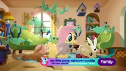 Size: 1920x1080 | Tagged: angel bunny, animal, bird, cute, derpibooru import, discovery family logo, fluttershy, fluttershy's cottage, rabbit, rainbow dash, rainbow roadtrip, safe, screencap, shyabetes