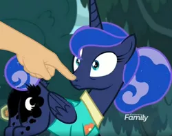 Size: 1138x897 | Tagged: safe, derpibooru import, edit, edited screencap, screencap, princess luna, pony, between dark and dawn, boop, boop edit, cropped, discovery family logo, female, finger, hand