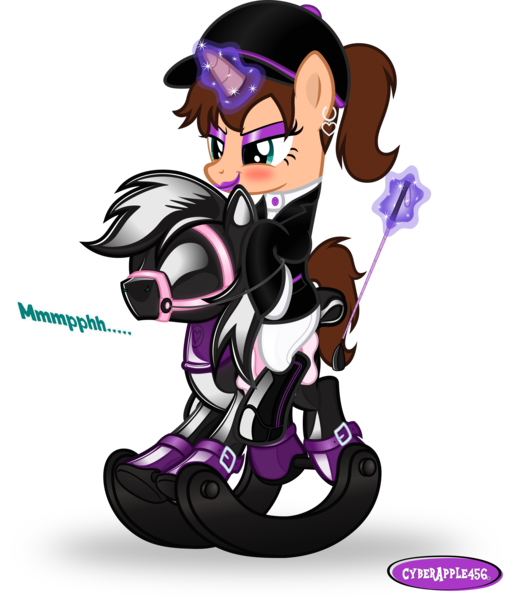 Size: 3000x3514 | Tagged: suggestive, artist:applec1234, deleted from derpibooru, derpibooru import, oc, oc:chloe adore, oc:cid, unofficial characters only, pony, blush sticker, blushing, bondage, bridle, buckle, clothes, collar, encasement, female, femdom, glowing horn, harness, high res, horn, jockey, latex, latex boots, levitation, magic, male, malesub, muffled moaning, muzzle, ponytail, posture collar, reins, riding crop, riding hat, riding outfit, rocking horse, rocking horse bondage, saddle, simple background, story included, submissive, tack, telekinesis, transparent background