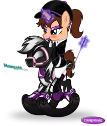 Size: 3000x3514 | Tagged: suggestive, artist:applec1234, deleted from derpibooru, derpibooru import, oc, oc:chloe adore, oc:cid, unofficial characters only, pony, blush sticker, blushing, bondage, bridle, buckle, clothes, collar, encasement, female, femdom, glowing horn, harness, high res, horn, jockey, latex, latex boots, levitation, magic, male, malesub, muffled moaning, muzzle, ponytail, posture collar, reins, riding crop, riding hat, riding outfit, rocking horse, rocking horse bondage, saddle, simple background, story included, submissive, tack, telekinesis, transparent background