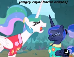 Size: 1043x802 | Tagged: safe, derpibooru import, edit, edited screencap, screencap, princess celestia, princess luna, alicorn, pony, between dark and dawn, alternate hairstyle, angry, angry horse noises, caption, clothes, cropped, descriptive noise, discovery family logo, duo, eyes closed, hair bun, hawaiian shirt, horse noises, outdoors, ponytail, royal we, shirt, traditional royal canterlot voice, tree