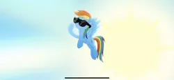 Size: 1792x828 | Tagged: safe, derpibooru import, screencap, rainbow dash, pegasus, pony, rainbow roadtrip, solo, sunglasses