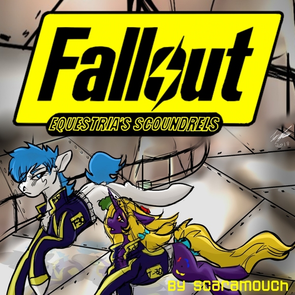 Size: 1024x1024 | Tagged: safe, artist:brainiac, artist:duskhoof, derpibooru import, shining armor, oc, oc:deadwood, oc:elmwood, oc:gypsybreeze, earth pony, pony, fallout equestria, cover art, fallout equestria: scoundrels