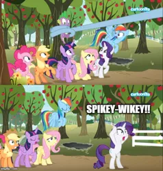 Size: 500x525 | Tagged: safe, derpibooru import, edit, edited screencap, screencap, applejack, fluttershy, pinkie pie, rainbow dash, rarity, spike, twilight sparkle, twilight sparkle (alicorn), alicorn, dragon, between dark and dawn, apple, apple tree, bipedal, caption, cartoonito logo, female, image macro, male, spikey wikey, sweet apple acres, text, tree, winged spike