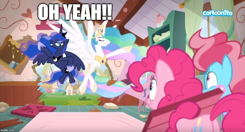 Size: 929x500 | Tagged: between dark and dawn, caption, cartoonito logo, cup cake, derpibooru import, destruction, edit, edited screencap, food, image macro, kool-aid man, meme, oh yeah, pinkie pie, princess celestia, princess luna, safe, screencap, text, vandalism