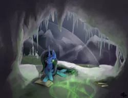 Size: 1221x939 | Tagged: safe, artist:overlord pony, derpibooru import, oc, unofficial characters only, pony, unicorn, black magic, cave, crystal empire, dark magic, icicle, jewelry, magic, mountain, necklace, snow, solo