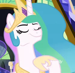 Size: 1107x1080 | Tagged: safe, derpibooru import, screencap, princess celestia, alicorn, pony, between dark and dawn, cropped, discovery family logo, eyes closed, solo